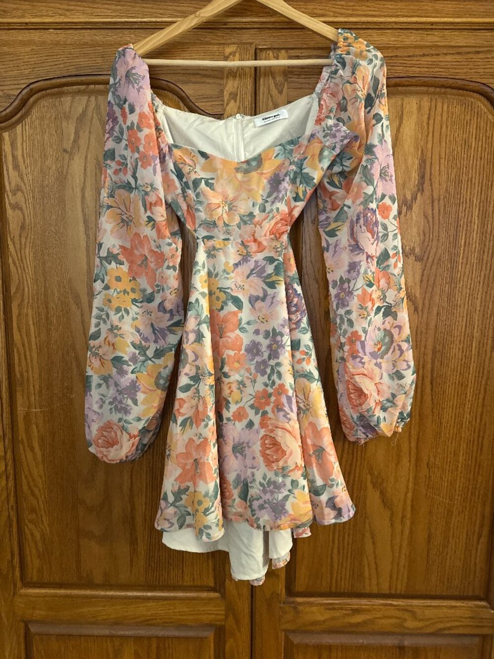 Showpo Floral Puff Sleeve Mini Dress in Pastel Pink and Peach